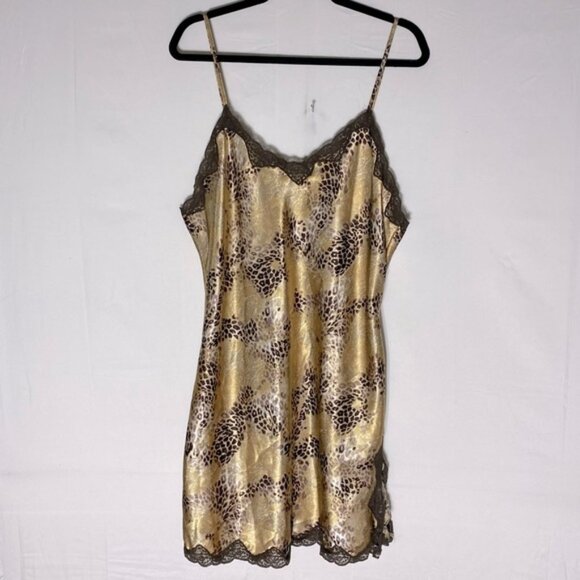Vintage Y2K Premiere Collection Leopard Print Satin Slip Dress Lingerie W Lace L - Picture 1 of 14